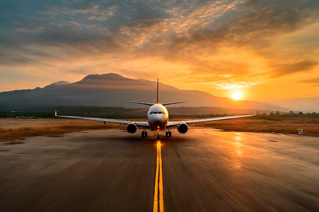 Foto un avión está en la pista de aterrizaje al atardecer