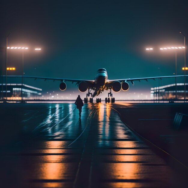 Foto un avión está en una pista de aterrizaje por la noche con las luces encendidas.