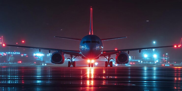 un avión en la pista con las luces encendidas