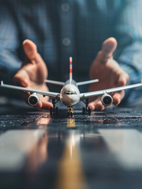 Foto avión en la pista con las manos alrededor de él que representa la precaución de seguridad y la protección en la aviación