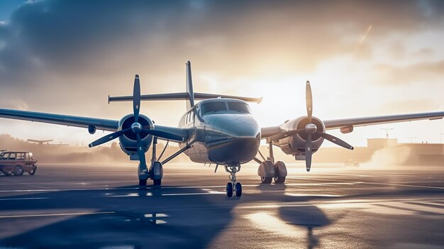 Un avión en una pista con el sol detrás IA generativa