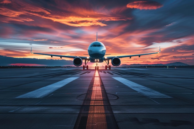 Foto avión preparándose para el despegue en la pista del aeropuerto para un viaje de negocios