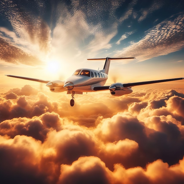 Un avión privado de lujo volando sobre cielos nublados al atardecer