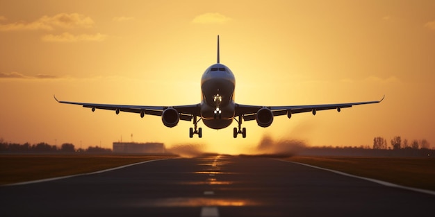 Foto un avión está a punto de aterrizar en una pista al atardecer.