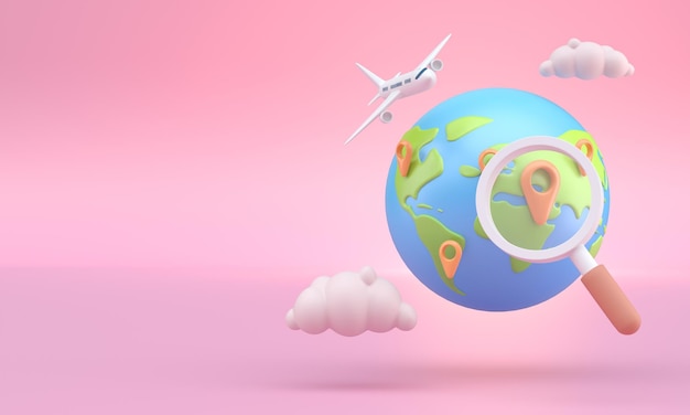 Avión que viaja alrededor del mundo con lupa 3D Ilustración 3D