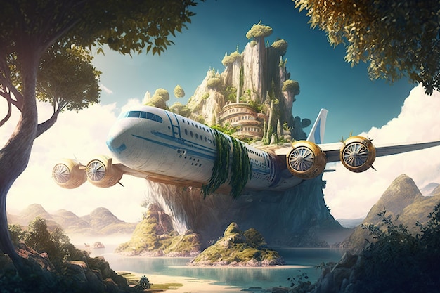 Un avión que volaba sobre una isla viaje surrealista