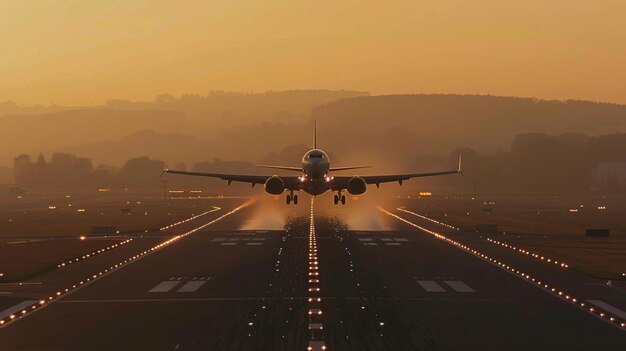 Foto avión de reacción volando despegue de la pista al atardecer