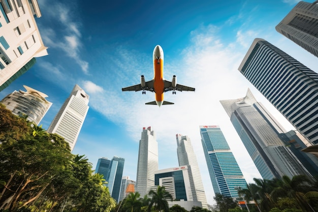 Un avión a reacción vuela por el cielo por encima de los edificios altos en la bulliciosa ciudad de Singapur.