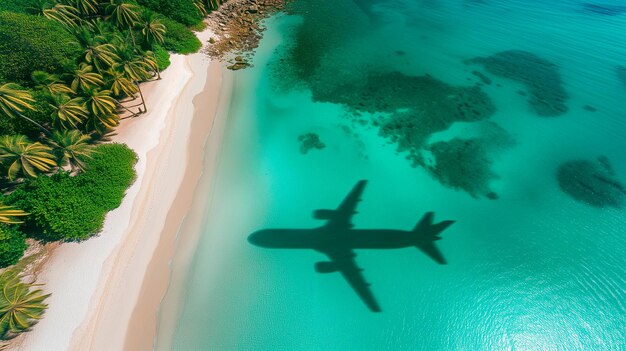 Avión reflejado en las aguas turquesas de una playa paradisíaca con arena blanca y palmeras