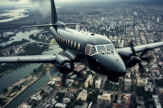 Un avión reluciente se eleva sobre el paisaje urbano, un rastro de condensación, una impresión de libertad.