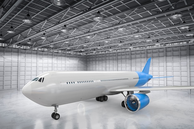 Avión de renderizado 3D en hangar