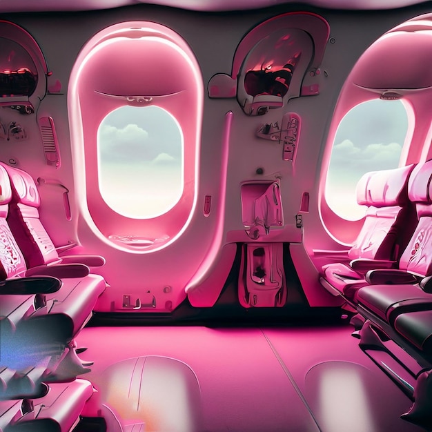 Un avión rosa con asientos rosados y un asiento rosado.