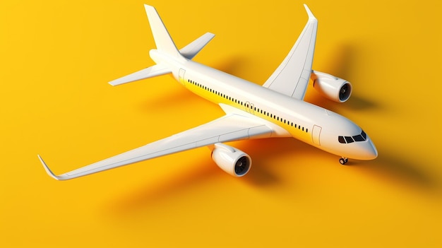 Avión sobre fondo amarillo concepto de viaje aviación boing wallpaper renderizado 3d avión de aeropuerto