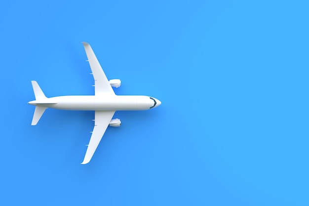 Avión sobre un fondo azul con espacio de copia Diseño de estilo minimalista Vista superior Ilustración de representación 3D