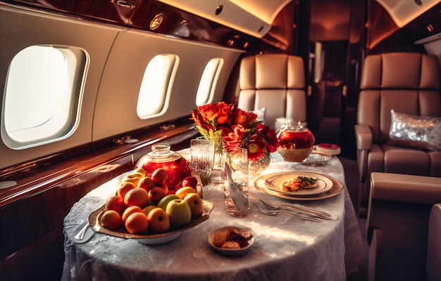 Foto un avión vacío con comida y vino.