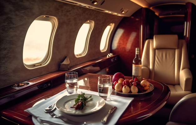 Un avión vacío con comida y vino.