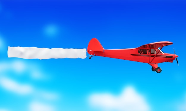 Avión volador y banner en cielo azul. Ilustración 3D