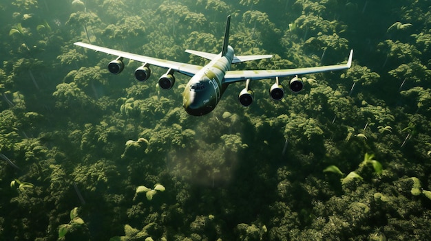 Un avión volando por el aire con árboles al fondo.