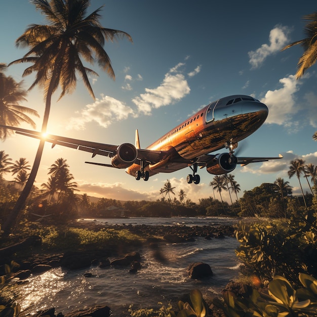 Foto avión volando en el aire sobre palmera