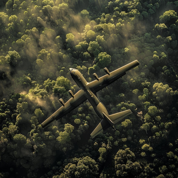 Foto un avión está volando por el aire con el sol brillando a través de los árboles