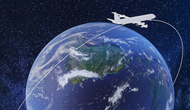 Avión volando alrededor del mundo Viaje alrededor del mundo viaja en avión Mapa del mundo y globo con aviones volando en rutas intercontinentales Renderización 3D Concepto de viaje mundial
