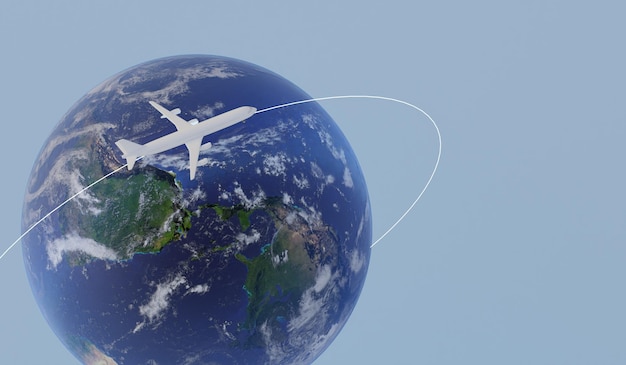 Avión volando alrededor del mundo Viaje alrededor del mundo viaja en avión Mapa del mundo y globo con aviones volando en rutas intercontinentales Renderización 3D Concepto de viaje mundial