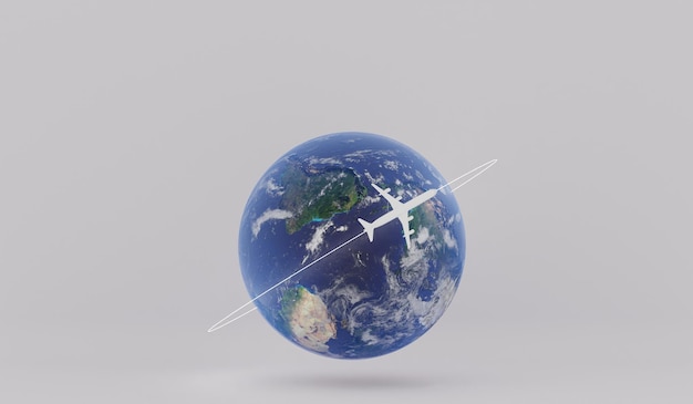 Avión volando alrededor del mundo Viaje alrededor del mundo viaja en avión Mapa del mundo y globo con aviones volando en rutas intercontinentales Renderización 3D Concepto de viaje mundial