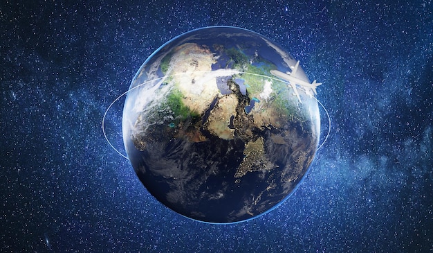 Avión volando alrededor del mundo Viaje alrededor del mundo viaja en avión Mapa del mundo y globo con aviones volando en rutas intercontinentales Renderización 3D Concepto de viaje mundial