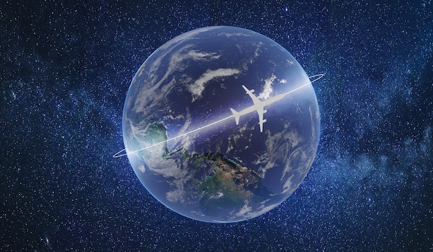 Avión volando alrededor del mundo Viaje alrededor del mundo viaja en avión Mapa del mundo y globo con aviones volando en rutas intercontinentales Renderización 3D Concepto de viaje mundial