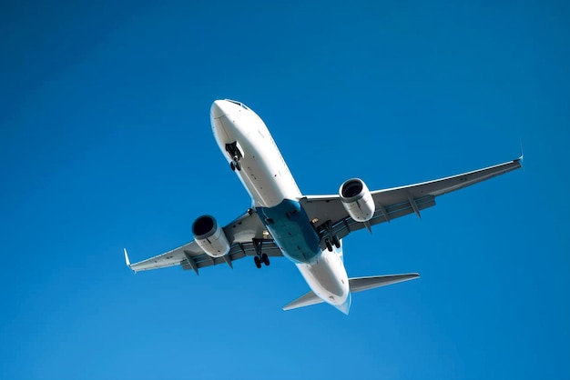 Avión volando en el cielo azul con rayos de sol y destellos de lentes IA generativa