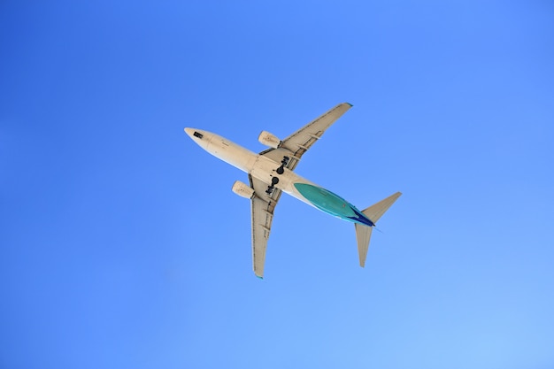 Avión volando en el cielo azul. Visto desde abajo.