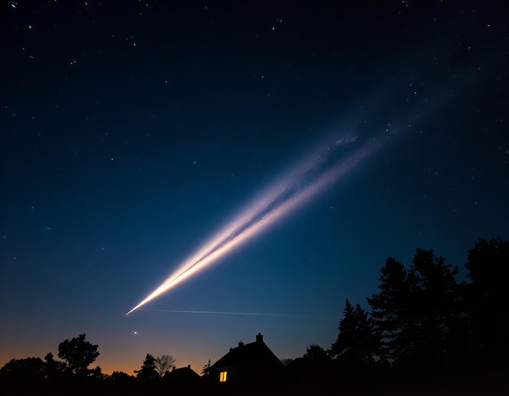 un avión volando en el cielo nocturno con una raya de luz por encima de él