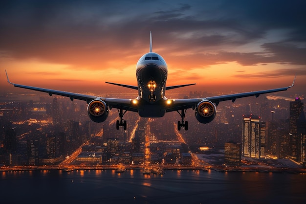 Avión volando en el cielo sobre la ciudad al atardecer Concepto de viaje de negocios Avión en vuelo al atardecer con paisaje urbano borroso generado por IA