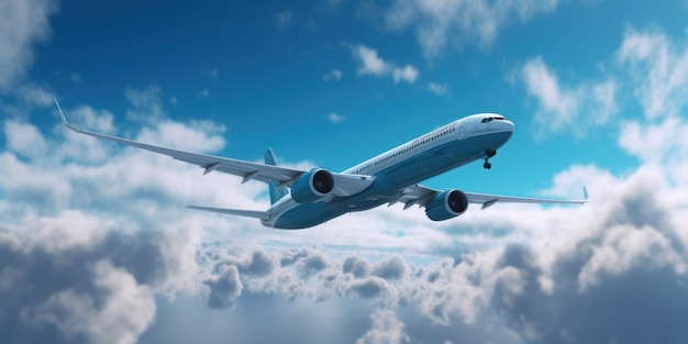 Avión volando por encima de las nubes con fondo de cielo azul IA generativa