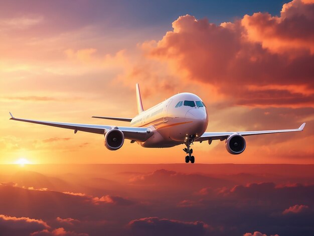 Avión volando por encima de las nubes con fondo de luz del crepúsculo del atardecer