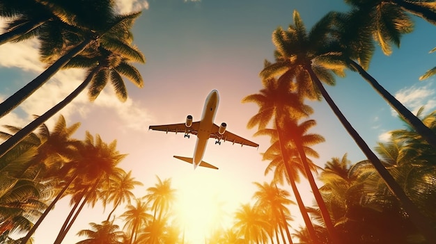 Avión volando por encima de las palmeras en soles claros IA generativa