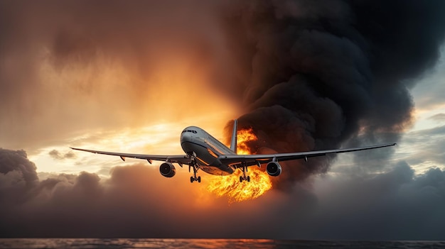 Foto un avión volando frente a un incendio.
