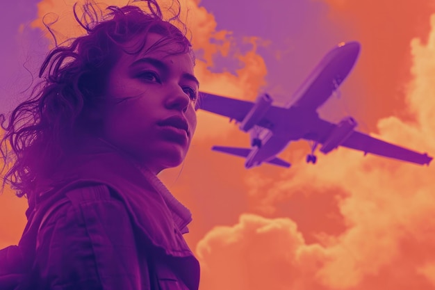 un avión volando junto a una chica al estilo de la inspiración pop