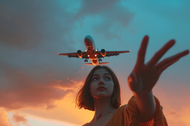 Foto un avión volando junto a una chica al estilo de la inspiración pop