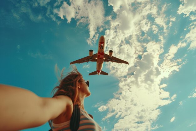 un avión volando junto a una chica al estilo de la inspiración pop