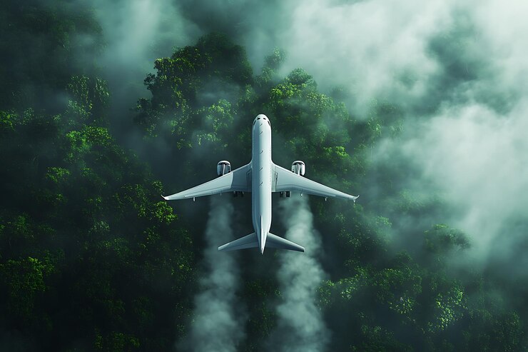 Un avión volando sobre un bosque verde y exuberante