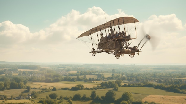 Un avión volando sobre un campo con las palabras volando alto sobre él.