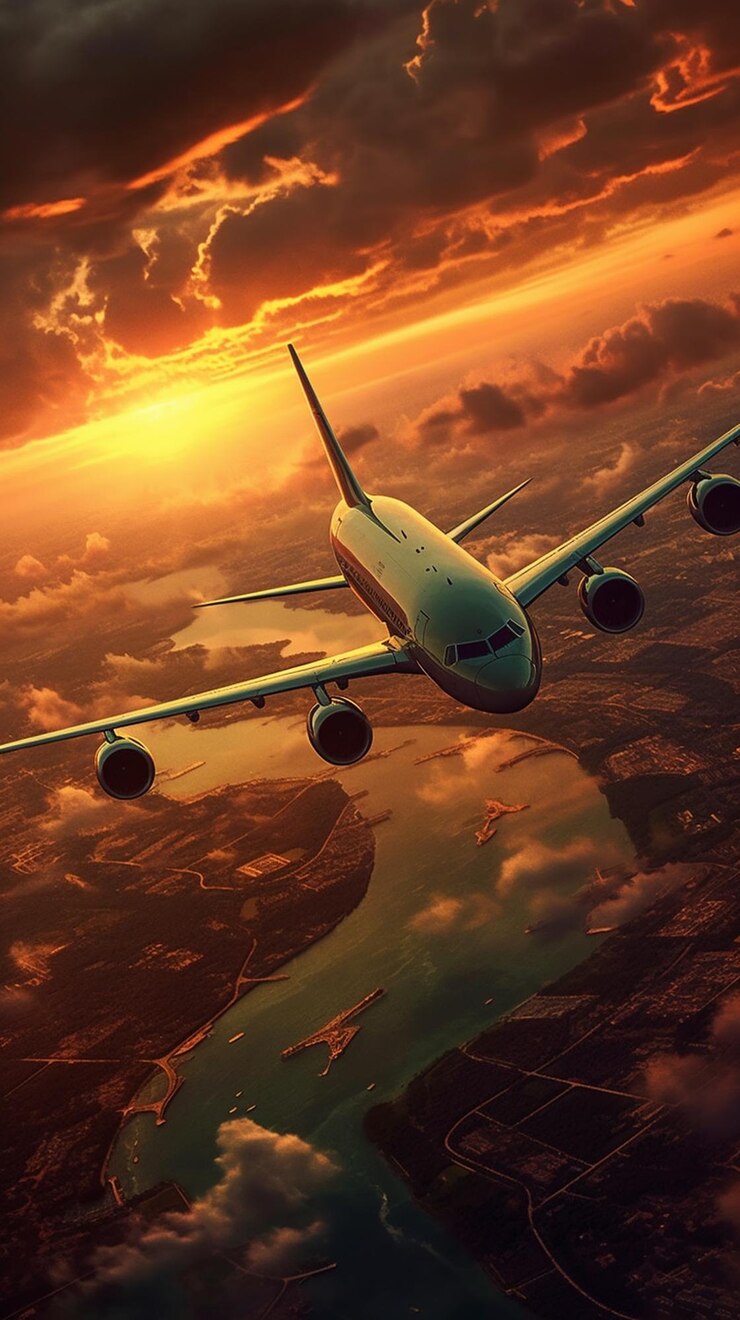 Un avión volando sobre un cielo al atardecer con el sol brillando sobre él.