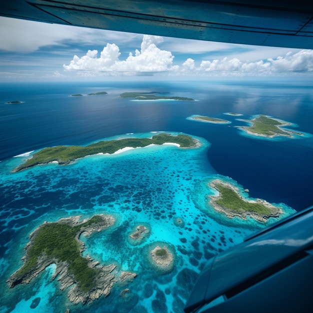 Un avión volando sobre un cuerpo de agua con algunas islas en el agua.