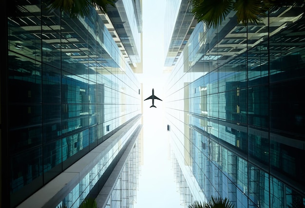 Avión volando sobre edificios de oficinas de vidrio