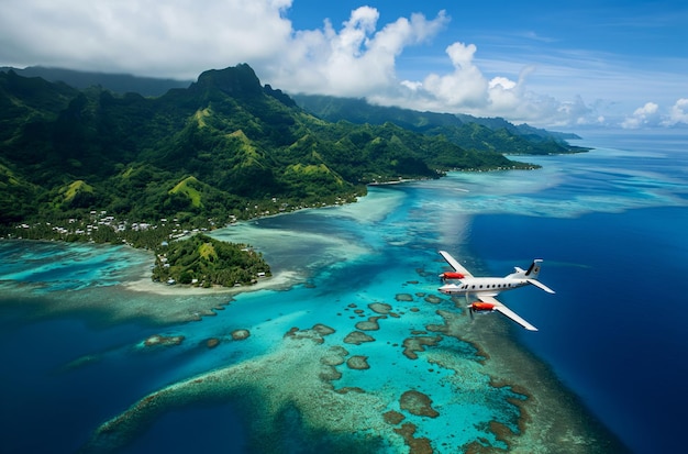 Avión volando sobre una isla tropical en el océano