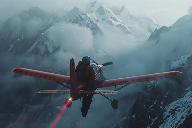 un avión volando sobre una montaña con la palabra en el lado