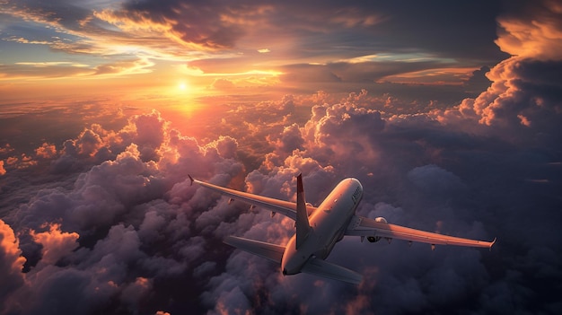 un avión volando sobre las nubes al atardecer con la puesta del sol