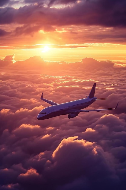 Foto un avión está volando sobre las nubes al atardecer