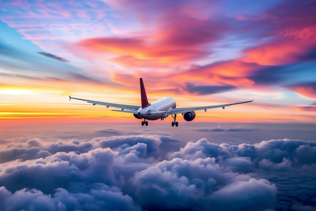 avión volando sobre las nubes en el atardecer colorido generativo ai